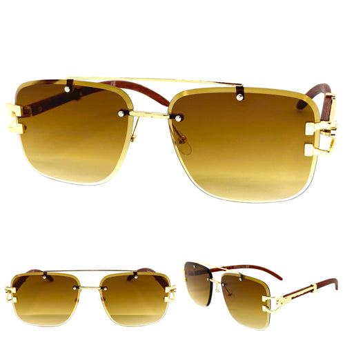 Classic Elegant Luxury Retro Hip Hop Style SUNGLASSES Gold & Wood Frame 7357