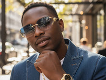 Classy Elegant Luxury Hip Hop Rapper Style SUNGLASSES Rimless Gold & Faux Wooden Frame - Blue & Beige Lens 27806