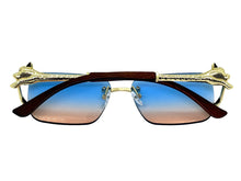 Classy Elegant Luxury Hip Hop Rapper Style SUNGLASSES Rimless Gold & Faux Wooden Frame - Blue & Beige Lens 27806