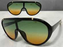 Classic Vintage Retro Style SUNGLASSES Black & Gold Frame - Green & Orange Lens 3093