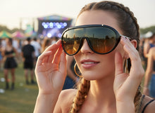 Classic Vintage Retro Style SUNGLASSES Black & Gold Frame - Green & Orange Lens 3093