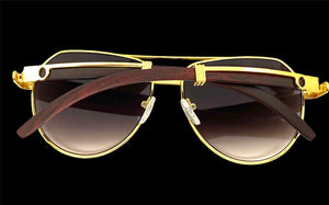 Classy Elegant Sophisticated Luxury Hip Hop Aviator Style SUNGLASSES Gold & Wooden Frame E0378