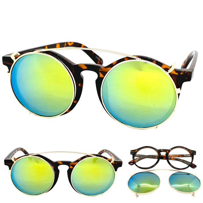 Classic Vintage Retro Style Clip On SUNGLASSES Round Tortoise Frame 6442