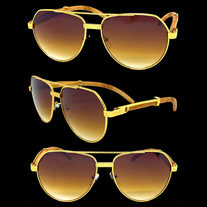 Classy Elegant Sophisticated Luxury Hip Hop Aviator Style SUNGLASSES Gold & Wooden Frame E0378