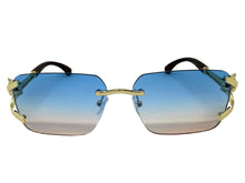 Classy Elegant Luxury Hip Hop Rapper Style SUNGLASSES Rimless Gold & Faux Wooden Frame - Blue & Beige Lens 27806