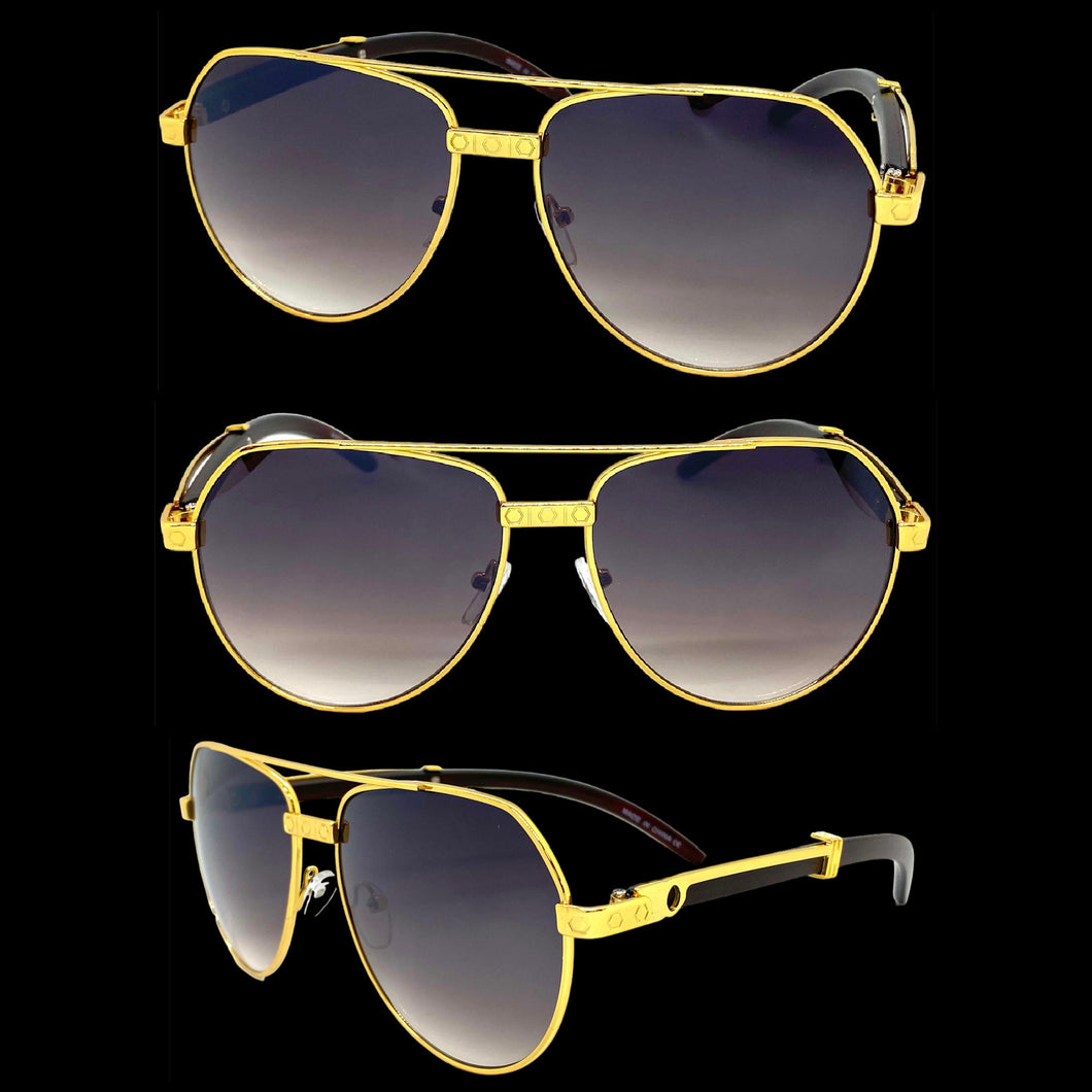 Classy Elegant Sophisticated Luxury Hip Hop Aviator Style SUNGLASSES Gold & Wooden Frame E0378