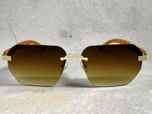 Classy Elegant Luxury Hip Hop Rapper Style SUNGLASSES Gold & Faux Wooden Frame - Honey Lens 27804