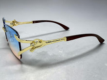 Classy Elegant Luxury Hip Hop Rapper Style SUNGLASSES Rimless Gold & Faux Wooden Frame - Blue & Beige Lens 27806