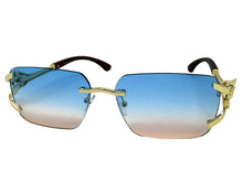 Classy Elegant Luxury Hip Hop Rapper Style SUNGLASSES Rimless Gold & Faux Wooden Frame - Blue & Beige Lens 27806