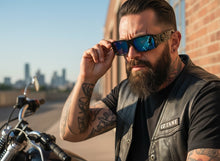 Classic Hardcore Gangster Biker Style Choppers SUNGLASSES Thick Black Frame - Blue Lens 6785