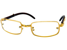 Classic Modern Retro Luxury Hip Hop Style Clear Lens EYEGLASSES Rectangular Gold & Faux Wooden Frame E0444