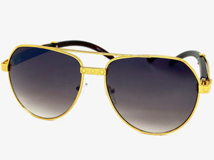 Classy Elegant Sophisticated Luxury Hip Hop Aviator Style SUNGLASSES Gold & Wooden Frame E0378