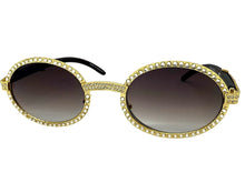 Classy Elegant Luxury Modern Hip Hop Style Bling SUNGLASSES Large Oval Gold & Faux Wooden Frame E0652