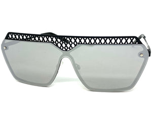 Sleek Modern Retro Shield Style SUNGLASSES Black Frame Chrome Lens 10415