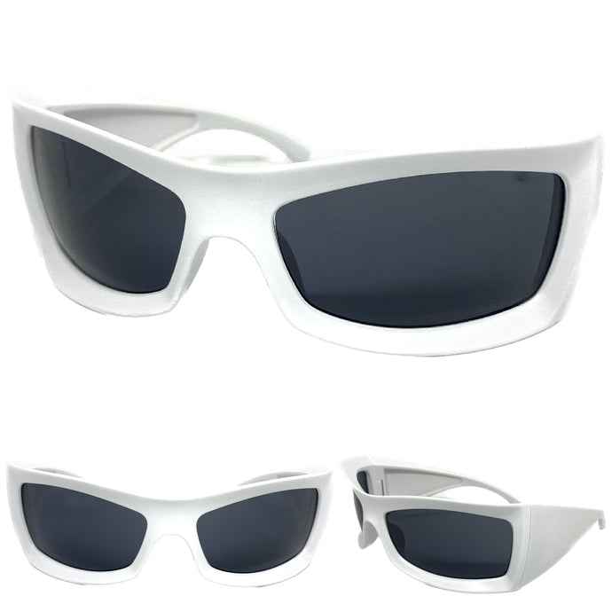 Oversized Retro Sporty Wrap Around SUNGLASSES Huge Thick White Frame 1189