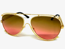 Classic Vintage Retro Aviator Style SUNGLASSES Gold Metal Frame - Brown & Pink Lens A193