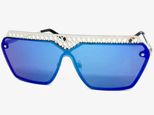 Sleek Modern Retro Shield Style SUNGLASSES Silver Frame Blue Lens 10415