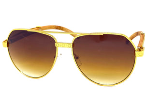 Classy Elegant Sophisticated Luxury Hip Hop Aviator Style SUNGLASSES Gold & Wooden Frame E0378