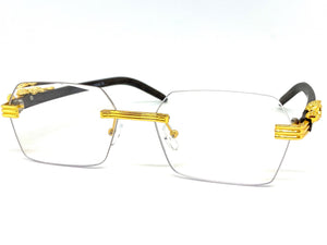 Classy Elegant Sophisticated Luxury Style Clear Lens EYEGLASSES Gold & Wooden Frame E0958