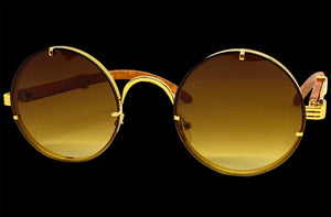 Classy Elegant Sophisticated Luxury Hip Hop Style SUNGLASSES Round Gold & Wooden Frame 7535