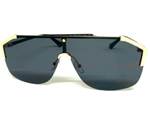 Classy Elegant Modern Retro Shield Style SUNGLASSES Large Gold Frame 8380