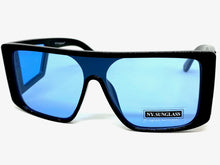 Oversized Modern Retro Shield Style SUNGLASSES Black Frame Blue Lens 9227
