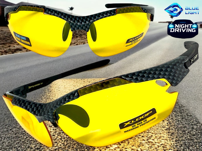 Sporty Wrap Around Blue Light Night Driving HD Lens SUNGLASSES Carbon Fiber Frame 3501