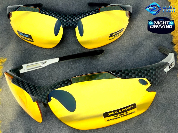 Sporty Wrap Around Blue Light Night Driving HD Lens SUNGLASSES Carbon Fiber Frame 3501