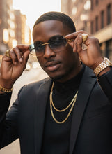 Classy Elegant Luxury Hip Hop Rapper Style SUNGLASSES Rimless Gold & Faux Wooden Frame - Blue & Beige Lens 27806