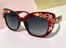 Oversized Vintage Retro Cat Eye Style SUNGLASSES Large Burgundy Frame - Flowers & Gold Leaf Accents 6806 (Copy) (Copy)