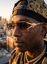 Classy Elegant Luxury Hip Hop Rapper Style SUNGLASSES Rimless Gold & Faux Wooden Frame - Smoke & Beige Lens 27806