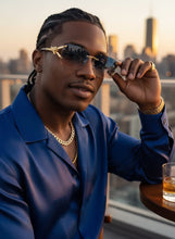 Classy Elegant Luxury Hip Hop Rapper Style SUNGLASSES Rimless Gold & Faux Wooden Frame - Blue & Beige Lens 27806