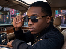 Classy Elegant Luxury Hip Hop Rapper Style SUNGLASSES Gold & Black Frame - Gold Cross & Fleur De Lis 27774