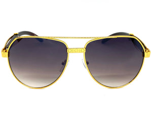 Classy Elegant Sophisticated Luxury Hip Hop Aviator Style SUNGLASSES Gold & Wooden Frame E0378