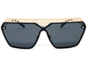 Sleek Modern Retro Shield Style SUNGLASSES Gold Frame Dark Lens 10415