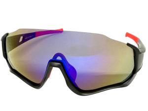 Sporty Retro Wrap Around Shield Style SUNGLASSES Black Frame Blue Lens E2028