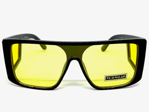 Oversized Modern Retro Shield Style SUNGLASSES Black Frame Yellow Lens 9227