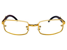 Classic Modern Retro Luxury Hip Hop Style Clear Lens EYEGLASSES Rectangular Gold & Faux Wooden Frame E0444