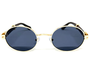 Classic Vintage Retro Hip Hop Style SUNGLASSES Oval Gold & Faux Wood Frame 27723