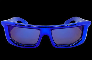 Sleek Modern Futuristic Biker Sporty Wrap SUNGLASSES Thick Blue Chrome Frame 80622