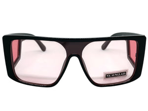 Oversized Modern Retro Shield Style SUNGLASSES Black Frame Pink Lens 9227