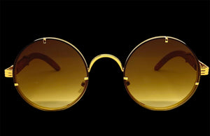 Classy Elegant Sophisticated Luxury Hip Hop Style SUNGLASSES Round Gold & Wooden Frame 7535