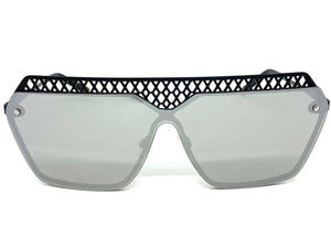 Sleek Modern Retro Shield Style SUNGLASSES Black Frame Chrome Lens 10415