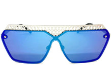 Sleek Modern Retro Shield Style SUNGLASSES Silver Frame Blue Lens 10415