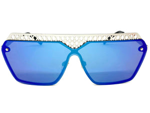 Sleek Modern Retro Shield Style SUNGLASSES Silver Frame Blue Lens 10415