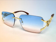 Classy Elegant Luxury Hip Hop Rapper Style SUNGLASSES Rimless Gold & Faux Wooden Frame - Blue & Beige Lens 27806