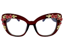 Oversized Vintage Retro Cat Eye Style Clear Lens EYEGLASSES Large Burgundy Frame - Flowers & Gold Leaf Accents 6806 (Copy)