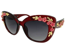 Oversized Vintage Retro Cat Eye Style SUNGLASSES Large Burgundy Frame - Flowers & Gold Leaf Accents 6806 (Copy) (Copy)