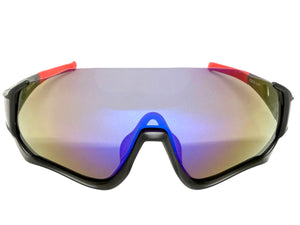 Sporty Retro Wrap Around Shield Style SUNGLASSES Black Frame Blue Lens E2028
