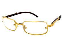 Classic Modern Retro Luxury Hip Hop Style Clear Lens EYEGLASSES Rectangular Gold & Faux Wooden Frame E0444